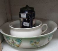A Wedgwood cobalt tankard with pewter lid, a Beswick chamber pot and a basin, all a/f