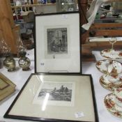 2 early 20th century engravings signed by the artist, labels on back including military and tavern