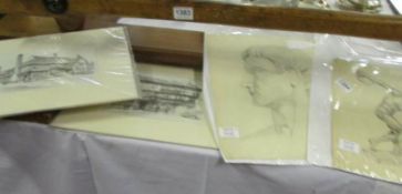 4 pencil drawings including classical discus thrower and Red Lion Hotel