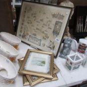 A Quorn hunt map and 2 framed 19th century silk table napkins