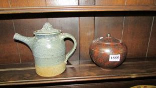 A studio pottery teapot and lidded jar