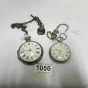 A silver pocket watch on silver chain and a silver 1821 pocket watch with gun metal case, chain