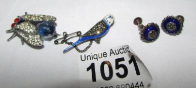 A silver marcasite parrot brooch, A beetle brooch and a pair of silver and enamel earrings