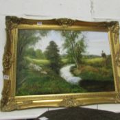 A Peter Snell oil on canvas of stream, trees and sheep before haymakers, signed, 75 x 50cm