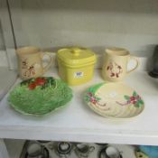 A Wade lidded jar, cube butter dish, 2 Cranky tankards and 2 dishes