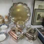 A silver plated tay, 2 salter stands and 3 tureens with covers