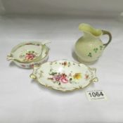 A Belleek jug and 3 items of Royal Crown Derby posy ware