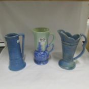 A Wade blue jug and 2 Wadeheath jugs