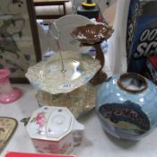 A cake stand, teapot and 2 other items