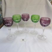5 Bohemian grape cut crystal wine goblets(3 amethyst and 2 green)