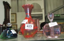 A signed art glass scent bottle, one other and a Mtarfa Maltese vase