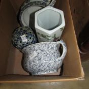 2 decorated chamber pots, and Oriental vase and a blue and whtie pot pourri pot