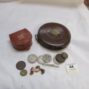 A vintage John Rabone tape measure together with a stud box,coins etc