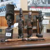 4 carved wood African figures and 2 other items