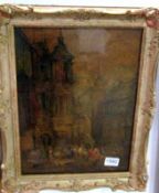 A 19th century oil on board of a Continental Medieval Market, signed and dated but indistinct