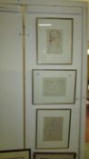 3 framed and glazed pencil drawings