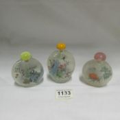 3 Chinese scent bottles with hand painted scenes on the insides