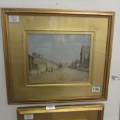 A framed and glazed watercolour village scene initialled H.F. (possibly Henri Cassiers)