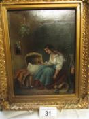 A gilt framed oil on board 'Empty Cradle', H Walker, Leeds 1852