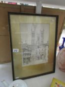 A pencil drawing of Lincoln Cathedral and Exchequer gate signed Griffin '74