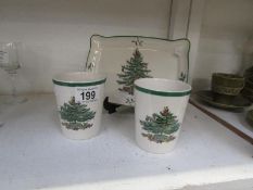A Spode Christmas tree tray and pair of matching tumblers