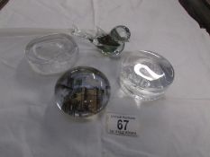 A Dartington glass paperweight and 3 others