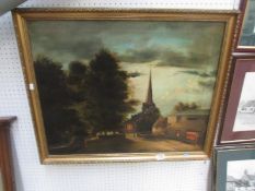 A gilt framed village scene on canvas
