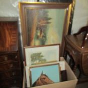 A box of oil and watercolour pictures including rural, dogs, horses etc