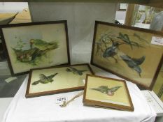 3 framed and glazed paintings of birds on silk and one other