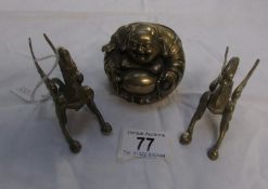 A brass Buddha and 2 brass dragon chopstick rests