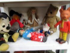 A quantity of dolls, soft toys etc including California stuffed toys Mickey Mouse, Pedigree Womble