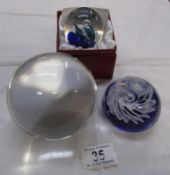 A boxed Royal Crest 'Figaro' paperweight, one other and a crystal ball