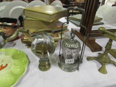 A silver plate and glass pickle jar and a large ornamental glass item