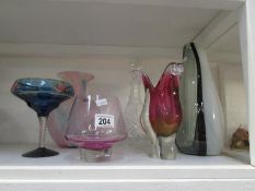 4 art glass vases, a goblet and a decanter