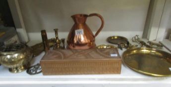 A mixed lot of brassware, copper jug and wooden box