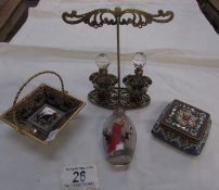 A pair of perfume bottles on stand, a Chinese perfume bottle, a trinket box and a porcelain basket