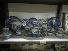 A quantity of Spode blue and white cups, plates, vase, candlestick etc