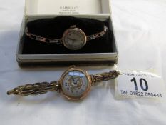 2 9ct gold wrist watches on metal bracelets, a/f