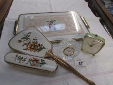 A dressing table tray, hand mirror, hair brush and 2 clocks
