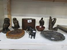 A mixed lot of animal figures including ebony elephants, wooden collar box etc