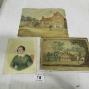 An 18th century watercolour, a watercolour on card and a portrait on card