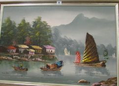 A contemporary oil on canvas 'Chinese River Scene', 98 x 67cm