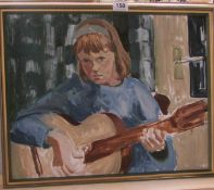 A framed study of a girl with guitar in the manner of Franklin White, 53 x 43cm