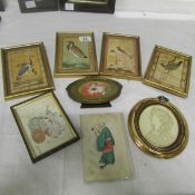 4 bird prints, a Chinese man watercolour, a floral pastel and a plaque and 1 other