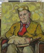 An oil on board 'Man in smoker' jacket with dog on knee, stamped Franklin White 1892-1975, 51 x 61