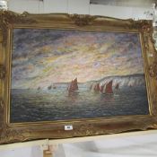 An oil on canvas 'Fishing fleet off Flamborough Head' signed S Bonney, frame 90 x 65cm, image 74 x