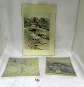 A watercolour and 2 drawings signed Franklin White