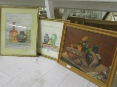 2 Framed and glazed still life watercolours and a still life oil, 1 framed 47 x 37 cm, imaged 33 x