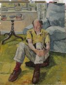 An oil on board 'Man sitting on cushion' stamped Franklin White, 1892-1975, 61 x 49 cm