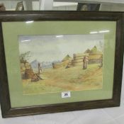 A framed and glazed watercolour 'African Village' signed F H Dutton, framed 52 x 42cm, images 34 x